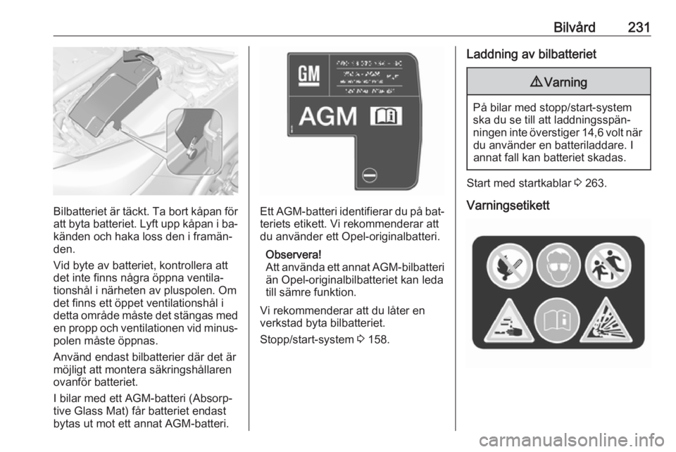 OPEL INSIGNIA 2016.5  Instruktionsbok Bilvård231
Bilbatteriet är täckt. Ta bort kåpan för
att byta batteriet. Lyft upp kåpan i ba‐ känden och haka loss den i framän‐
den.
Vid byte av batteriet, kontrollera att
det inte finns n