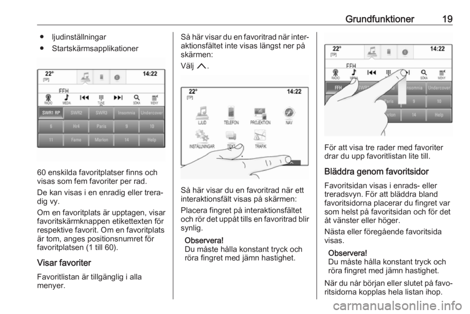 OPEL INSIGNIA 2017  Handbok för infotainmentsystem Grundfunktioner19● ljudinställningar
● Startskärmsapplikationer
60 enskilda favoritplatser finns och
visas som fem favoriter per rad.
De kan visas i en enradig eller trera‐
dig vy.
Om en favor