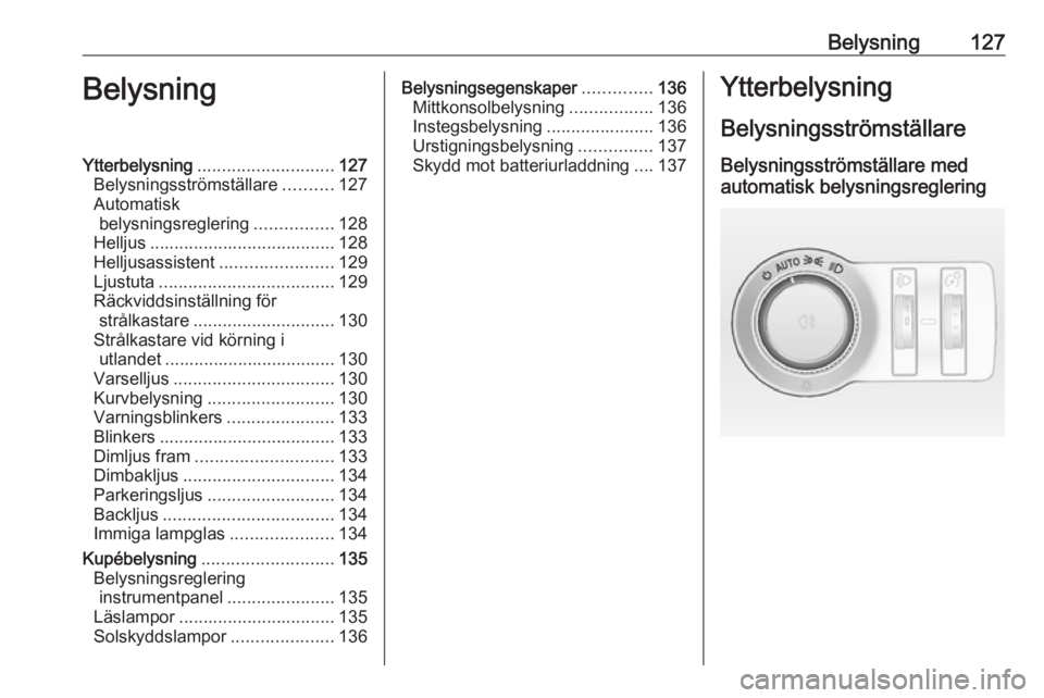 OPEL INSIGNIA 2017 Instruktionsbok Belysning127BelysningYtterbelysning............................ 127
Belysningsströmställare ..........127
Automatisk belysningsreglering ................128
Helljus ................................. OPEL INSIGNIA 2017 Instruktionsbok Belysning127BelysningYtterbelysning............................ 127
Belysningsströmställare ..........127
Automatisk belysningsreglering ................128
Helljus .................................