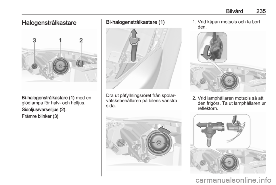 OPEL INSIGNIA 2017  Instruktionsbok Bilvård235Halogenstrålkastare
Bi-halogenstrålkastare (1) med en
glödlampa för halv- och helljus.
Sidoljus/varselljus (2) .
Främre blinker (3)
Bi-halogenstrålkastare (1)
Dra ut påfyllningsröre
