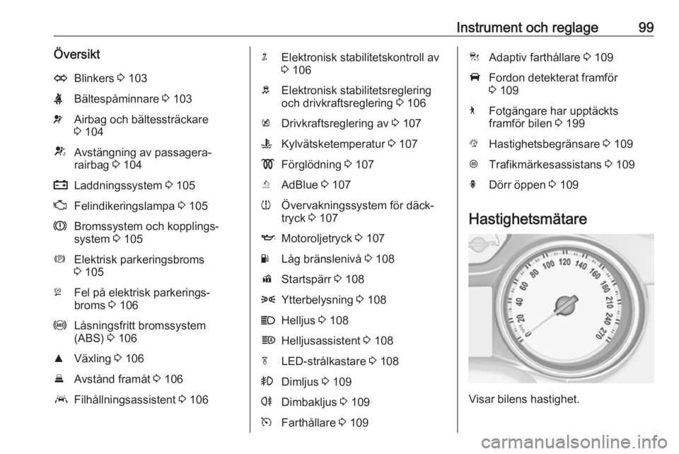 OPEL INSIGNIA BREAK 2017.75  Instruktionsbok Instrument och reglage99ÖversiktOBlinkers 3 103XBältespåminnare  3 103vAirbag och bältessträckare
3  104VAvstängning av passagera‐
rairbag  3 104pLaddningssystem  3 105ZFelindikeringslampa  3 
