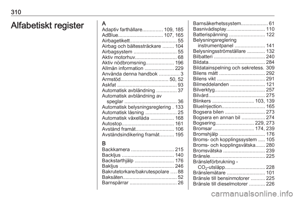 OPEL INSIGNIA BREAK 2017.75  Instruktionsbok 310Alfabetiskt registerAAdaptiv farthållare ..............109, 185
AdBlue ................................ 107, 165
Airbagetikett.................................. 55
Airbag och bältessträckare  ..