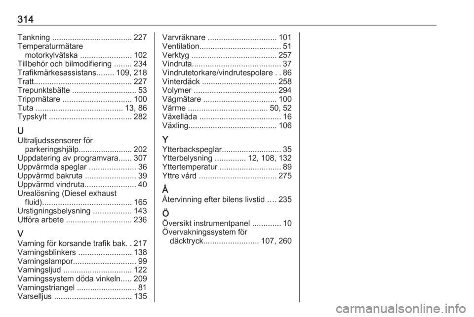 OPEL INSIGNIA BREAK 2017.75  Instruktionsbok 314Tankning .................................... 227
Temperaturmätare motorkylvätska  .......................102
Tillbehör och bilmodifiering  ........234
Trafikmärkesassistans ........109, 218
Tr