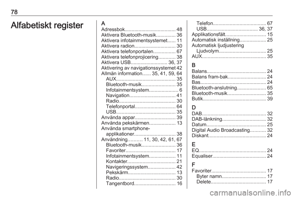 OPEL INSIGNIA BREAK 2018.5  Handbok för infotainmentsystem 78Alfabetiskt registerAAdressbok..................................... 48
Aktivera Bluetooth-musik ..............36
Aktivera infotainmentsystemet...... 11
Aktivera radion.............................. 