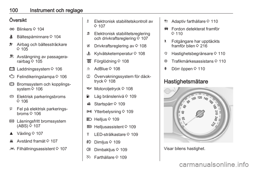 OPEL INSIGNIA BREAK 2019  Instruktionsbok 100Instrument och reglageÖversiktOBlinkers 3 104XBältespåminnare  3 104vAirbag och bältessträckare
3  105VAvstängning av passagera‐
rairbag  3 105pLaddningssystem  3 106ZFelindikeringslampa  3