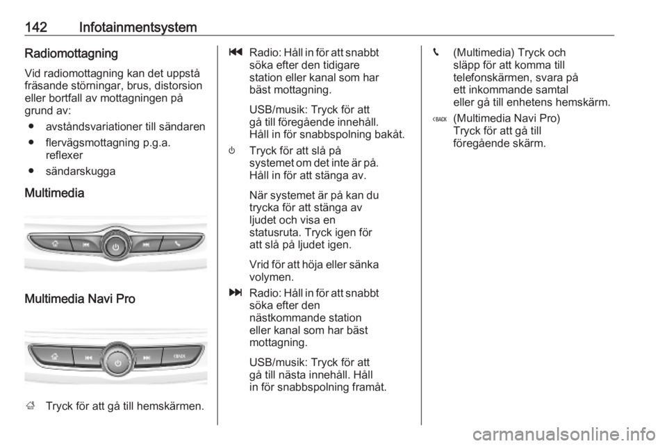 OPEL INSIGNIA BREAK 2019 Instruktionsbok 142InfotainmentsystemRadiomottagning
Vid radiomottagning kan det uppstå
fräsande störningar, brus, distorsion eller bortfall av mottagningen på
grund av:
● avståndsvariationer till sändaren
OPEL INSIGNIA BREAK 2019 Instruktionsbok 142InfotainmentsystemRadiomottagning
Vid radiomottagning kan det uppstå
fräsande störningar, brus, distorsion eller bortfall av mottagningen på
grund av:
● avståndsvariationer till sändaren