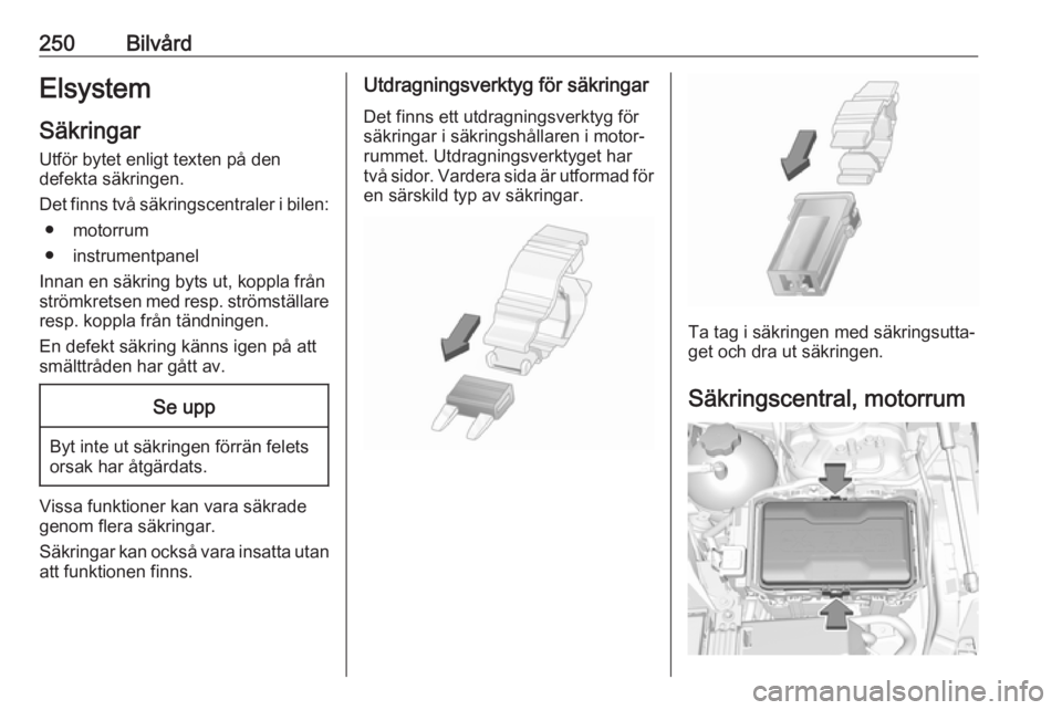 OPEL INSIGNIA BREAK 2019.5  Instruktionsbok 250BilvårdElsystem
Säkringar
Utför bytet enligt texten på den
defekta säkringen.
Det finns två säkringscentraler i bilen: ● motorrum
● instrumentpanel
Innan en säkring byts ut, koppla frå