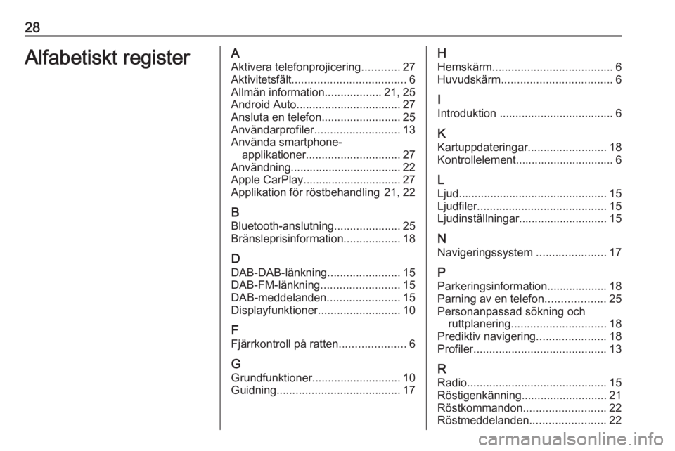 OPEL INSIGNIA BREAK 2020  Handbok för infotainmentsystem 28Alfabetiskt registerAAktivera telefonprojicering ............27
Aktivitetsfält .................................... 6
Allmän information ..................21, 25
Android Auto .....................