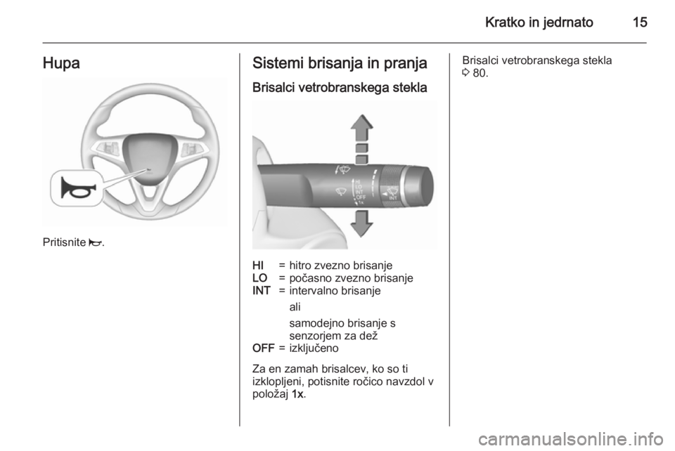 OPEL CORSA 2015.75  Uporabniški priročnik Kratko in jedrnato15Hupa
Pritisnite j.
Sistemi brisanja in pranja
Brisalci vetrobranskega steklaHI=hitro zvezno brisanjeLO=počasno zvezno brisanjeINT=intervalno brisanje
ali
samodejno brisanje s
senz