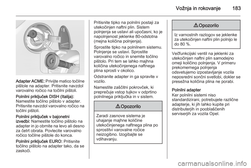 OPEL CORSA 2015.75  Uporabniški priročnik Vožnja in rokovanje183
Adapter ACME: Privijte matico točilne
pištole na adapter. Pritisnite navzdol
varovalno ročico na točilni pištoli.
Polnilni priključek DISH (Italija):
Namestite točilno p