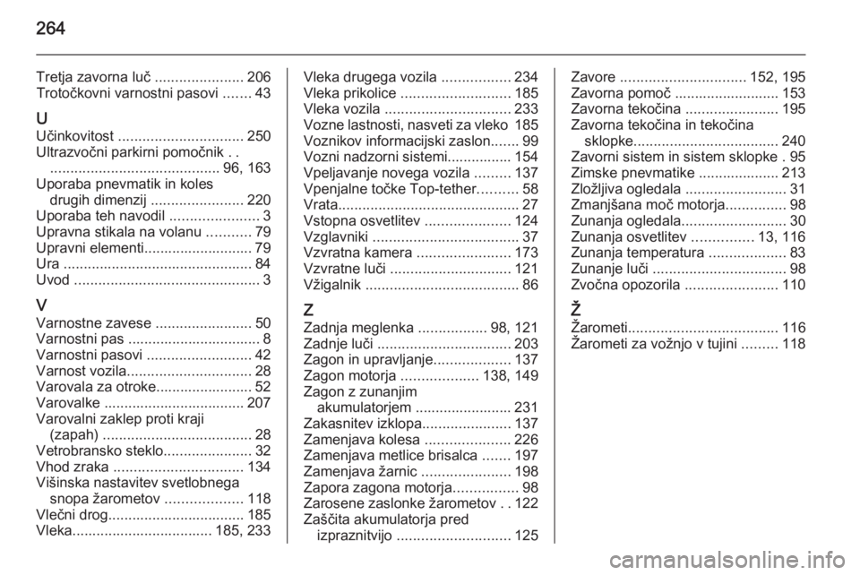 OPEL CORSA 2015.75  Uporabniški priročnik 264
Tretja zavorna luč ......................206
Trotočkovni varnostni pasovi  .......43
U
Učinkovitost  ............................... 250
Ultrazvočni parkirni pomočnik  ..
....................