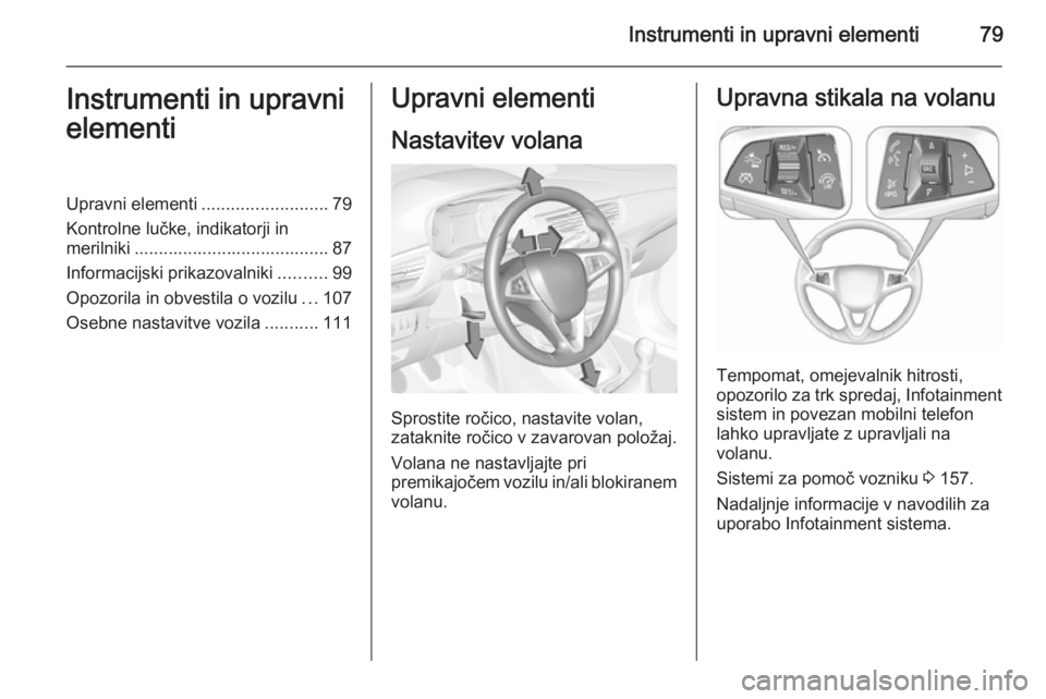 OPEL CORSA 2015.75 Uporabniški priročnik Instrumenti in upravni elementi79Instrumenti in upravni
elementiUpravni elementi ..........................79
Kontrolne lučke, indikatorji in
merilniki ........................................ 87
Inf OPEL CORSA 2015.75 Uporabniški priročnik Instrumenti in upravni elementi79Instrumenti in upravni
elementiUpravni elementi ..........................79
Kontrolne lučke, indikatorji in
merilniki ........................................ 87
Inf