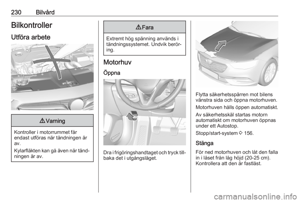 OPEL INSIGNIA BREAK 2020 Instruktionsbok 230BilvårdBilkontroller
Utföra arbete9 Varning
Kontroller i motorrummet får
endast utföras när tändningen är
av.
Kylarfläkten kan gå även när tänd‐ ningen är av.
9 Fara
Extremt hög sp OPEL INSIGNIA BREAK 2020 Instruktionsbok 230BilvårdBilkontroller
Utföra arbete9 Varning
Kontroller i motorrummet får
endast utföras när tändningen är
av.
Kylarfläkten kan gå även när tänd‐ ningen är av.
9 Fara
Extremt hög sp