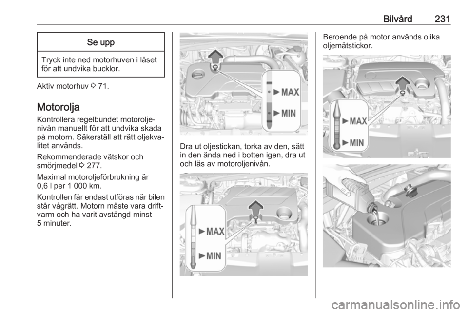 OPEL INSIGNIA BREAK 2020 Instruktionsbok Bilvård231Se upp
Tryck inte ned motorhuven i låset
för att undvika bucklor.
Aktiv motorhuv 3 71.
Motorolja
Kontrollera regelbundet motorolje‐
nivån manuellt för att undvika skada
på motorn. S OPEL INSIGNIA BREAK 2020 Instruktionsbok Bilvård231Se upp
Tryck inte ned motorhuven i låset
för att undvika bucklor.
Aktiv motorhuv 3 71.
Motorolja
Kontrollera regelbundet motorolje‐
nivån manuellt för att undvika skada
på motorn. S