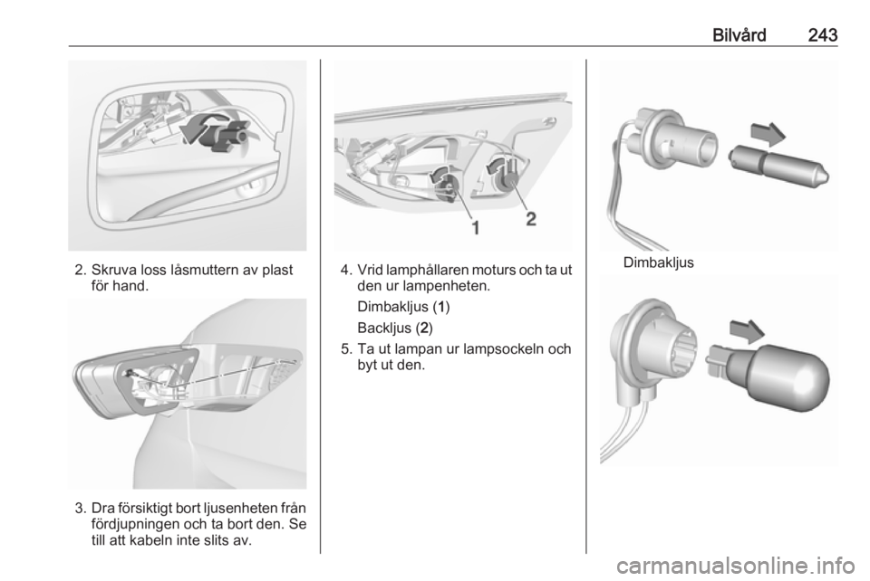 OPEL INSIGNIA BREAK 2020  Instruktionsbok Bilvård243
2. Skruva loss låsmuttern av plastför hand.
3.Dra försiktigt bort ljusenheten från
fördjupningen och ta bort den. Se
till att kabeln inte slits av.
4. Vrid lamphållaren moturs och ta