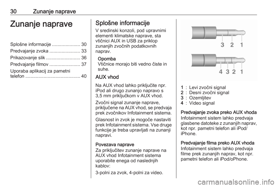 OPEL CORSA 2016  Navodila za uporabo Infotainment sistema 30Zunanje napraveZunanje napraveSplošne informacije.....................30
Predvajanje zvoka .......................33
Prikazovanje slik ..........................36
Predvajanje filmov ..............
