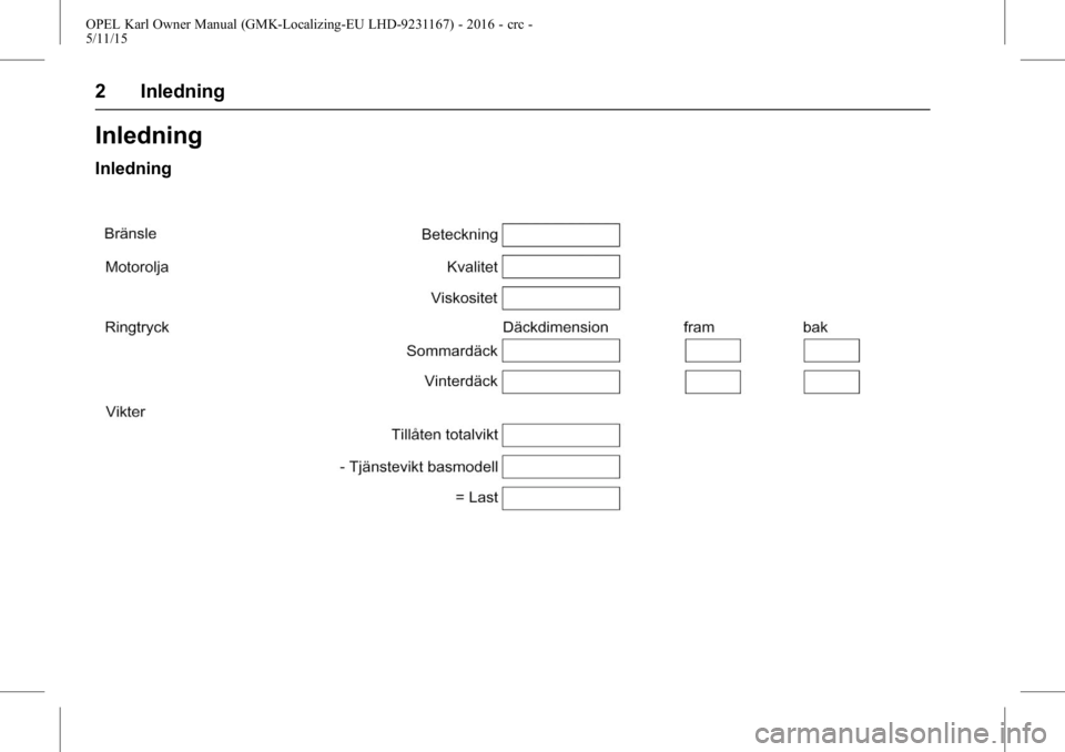 OPEL KARL 2015.75  Instruktionsbok OPEL Karl Owner Manual (GMK-Localizing-EU LHD-9231167) - 2016 - crc -
5/11/15
2 Inledning
Inledning
Inledning 