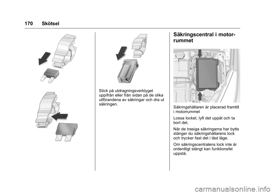 OPEL KARL 2016  Instruktionsbok OPEL Karl Owner Manual (GMK-Localizing-EU LHD-9231167) - 2016 - crc -
9/10/15
170 Skötsel
Stick på utdragningsverktyget
uppifrån eller från sidan på de olika
utförandena av säkringar och dra ut
