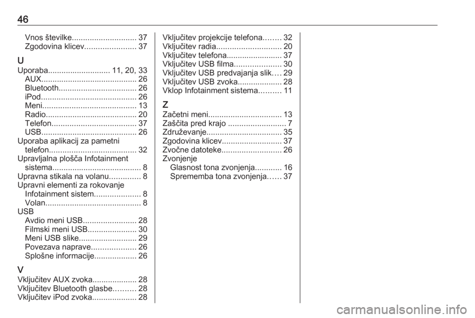 OPEL CORSA 2016.5  Navodila za uporabo Infotainment sistema 46Vnos številke............................. 37
Zgodovina klicev .......................37
U Uporaba ............................ 11, 20, 33
AUX ........................................... 26
Bluetoo