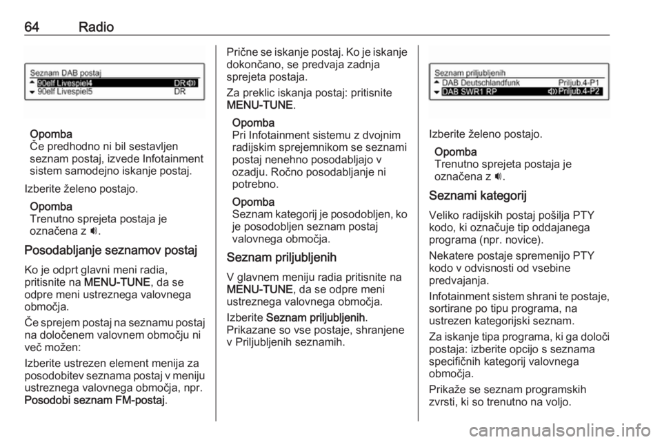 OPEL CORSA 2016.5  Navodila za uporabo Infotainment sistema 64Radio
Opomba
Če predhodno ni bil sestavljen
seznam postaj, izvede Infotainment
sistem samodejno iskanje postaj.
Izberite želeno postajo.
Opomba
Trenutno sprejeta postaja je
označena z  i.
Posodab