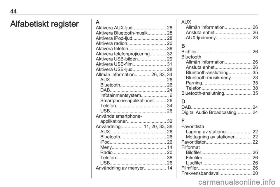 OPEL KARL 2016.5  Handbok för infotainmentsystem 44Alfabetiskt registerAAktivera AUX-ljud .........................28
Aktivera Bluetooth-musik ..............28
Aktivera iPod-ljud.......................... 28
Aktivera radion..........................
