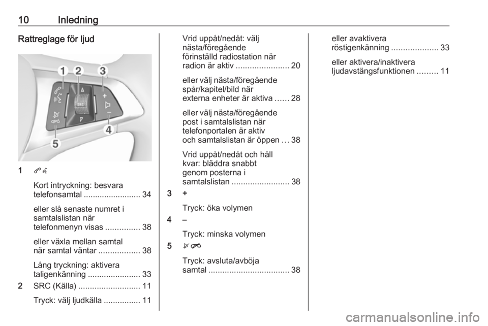 OPEL KARL 2016.5  Handbok för infotainmentsystem 10InledningRattreglage för ljud
1qw
Kort intryckning: besvara
telefonsamtal ......................... 34
eller slå senaste numret i
samtalslistan när
telefonmenyn visas ...............38
eller väx