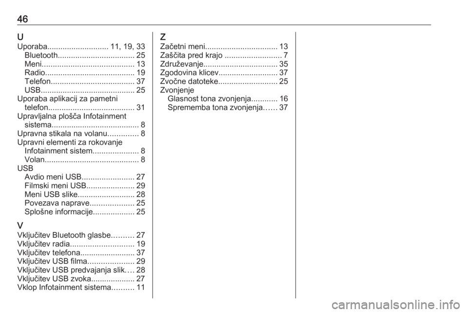 OPEL CORSA 2017  Navodila za uporabo Infotainment sistema 46UUporaba ............................ 11, 19, 33
Bluetooth ................................... 25
Meni .......................................... 13
Radio ......................................... 1