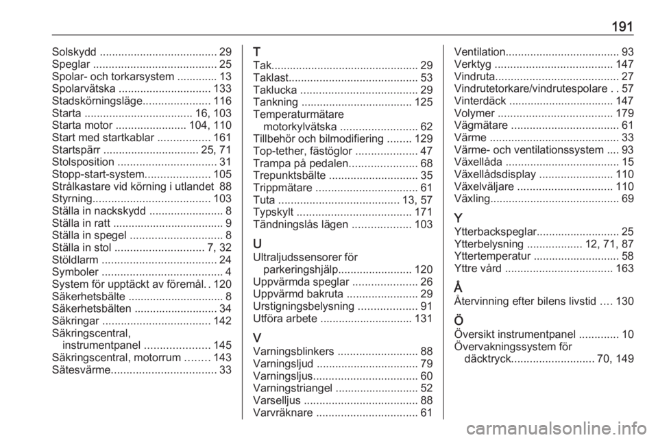 OPEL KARL 2016.5 Instruktionsbok 191Solskydd ...................................... 29
Speglar ........................................ 25
Spolar- och torkarsystem ............. 13
Spolarvätska .............................. 133
S OPEL KARL 2016.5 Instruktionsbok 191Solskydd ...................................... 29
Speglar ........................................ 25
Spolar- och torkarsystem ............. 13
Spolarvätska .............................. 133
S