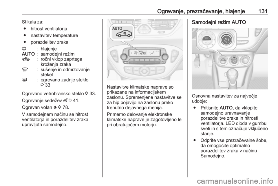 OPEL CORSA 2017  Uporabniški priročnik Ogrevanje, prezračevanje, hlajenje131Stikala za:● hitrost ventilatorja
● nastavitev temperature
● porazdelitev zrakan:hlajenjeAUTO:samodejni režim4:ročni vklop zaprtega
kroženja zrakaV:suše OPEL CORSA 2017  Uporabniški priročnik Ogrevanje, prezračevanje, hlajenje131Stikala za:● hitrost ventilatorja
● nastavitev temperature
● porazdelitev zrakan:hlajenjeAUTO:samodejni režim4:ročni vklop zaprtega
kroženja zrakaV:suše