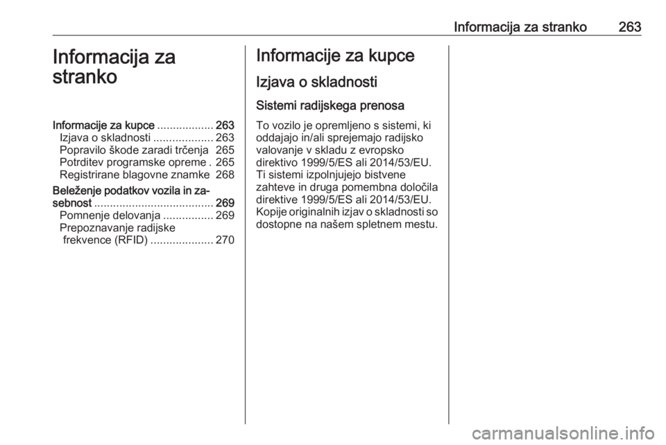 OPEL CORSA 2017  Uporabniški priročnik Informacija za stranko263Informacija za
strankoInformacije za kupce ..................263
Izjava o skladnosti ...................263
Popravilo škode zaradi trčenja 265
Potrditev programske opreme . 