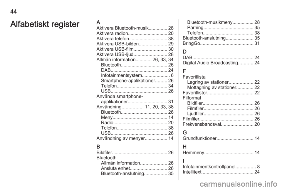 OPEL KARL 2017  Handbok för infotainmentsystem 44Alfabetiskt registerAAktivera Bluetooth-musik ..............28
Aktivera radion.............................. 20
Aktivera telefon ............................. 38
Aktivera USB-bilden ................