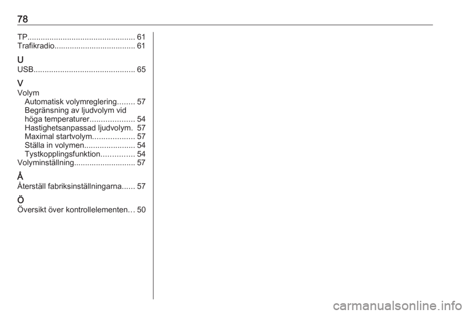 OPEL KARL 2017 Handbok för infotainmentsystem 78TP................................................. 61
Trafikradio..................................... 61
U
USB .............................................. 65
V Volym Automatisk volymreglering . OPEL KARL 2017 Handbok för infotainmentsystem 78TP................................................. 61
Trafikradio..................................... 61
U
USB .............................................. 65
V Volym Automatisk volymreglering .