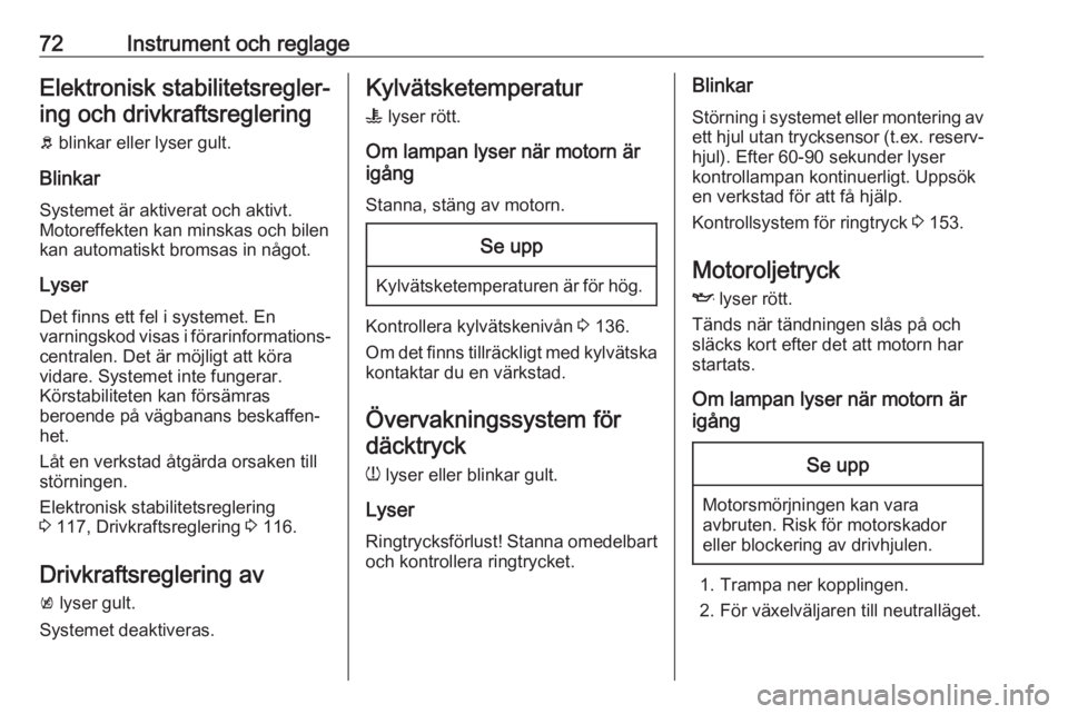 OPEL KARL 2017  Instruktionsbok 72Instrument och reglageElektronisk stabilitetsregler‐ing och drivkraftsreglering
b  blinkar eller lyser gult.
Blinkar
Systemet är aktiverat och aktivt.
Motoreffekten kan minskas och bilen kan auto