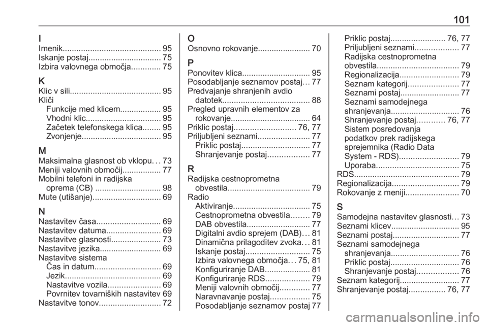OPEL CORSA E 2018  Navodila za uporabo Infotainment sistema 101I
Imenik ........................................... 95
Iskanje postaj................................ 75
Izbira valovnega območja .............75
K Klic v sili ...................................