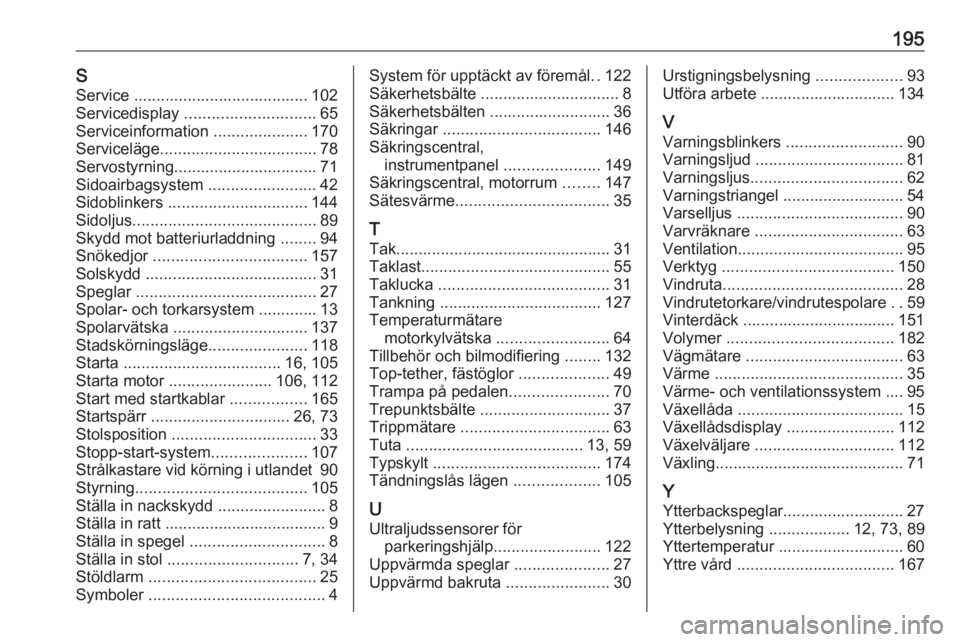 OPEL KARL 2017.5  Instruktionsbok 195SService ....................................... 102
Servicedisplay  ............................. 65
Serviceinformation  .....................170
Serviceläge ................................... 7