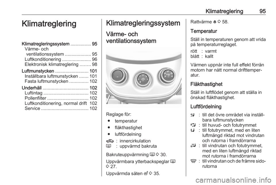 OPEL KARL 2017.5  Instruktionsbok Klimatreglering95KlimatregleringKlimatregleringssystem................95
Värme- och ventilationssystem ....................95
Luftkonditionering ......................96
Elektronisk klimatreglering .