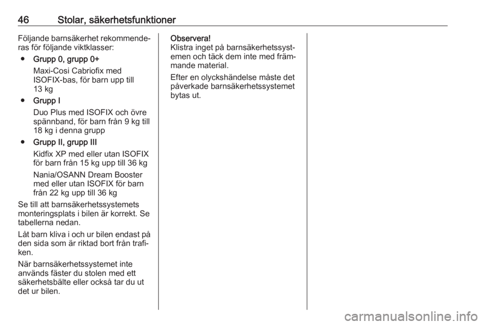 OPEL KARL 2018  Instruktionsbok 46Stolar, säkerhetsfunktionerFöljande barnsäkerhet rekommende‐
ras för följande viktklasser:
● Grupp 0, grupp 0+
Maxi-Cosi Cabriofix med
ISOFIX-bas, för barn upp till
13 kg
● Grupp I
Duo P