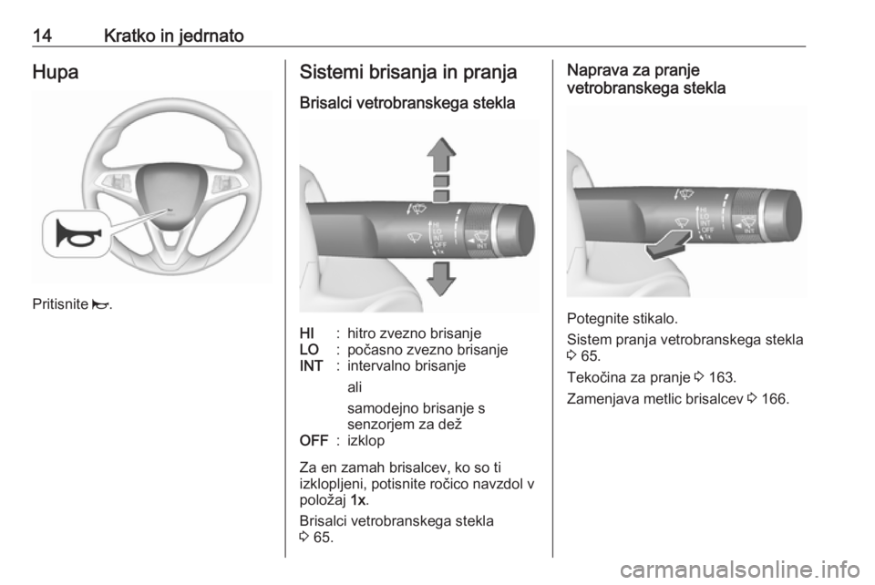 OPEL CORSA E 2019  Uporabniški priročnik 14Kratko in jedrnatoHupa
Pritisnite j.
Sistemi brisanja in pranja
Brisalci vetrobranskega steklaHI:hitro zvezno brisanjeLO:počasno zvezno brisanjeINT:intervalno brisanje
ali
samodejno brisanje s
senz