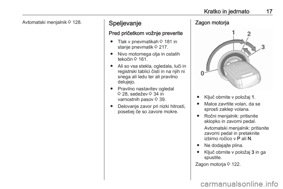 OPEL CORSA E 2019  Uporabniški priročnik Kratko in jedrnato17Avtomatski menjalnik 3 128.Speljevanje
Pred pričetkom vožnje preverite ● Tlak v pnevmatikah  3 181 in
stanje pnevmatik  3 217.
● Nivo motornega olja in ostalih tekočin  3 16