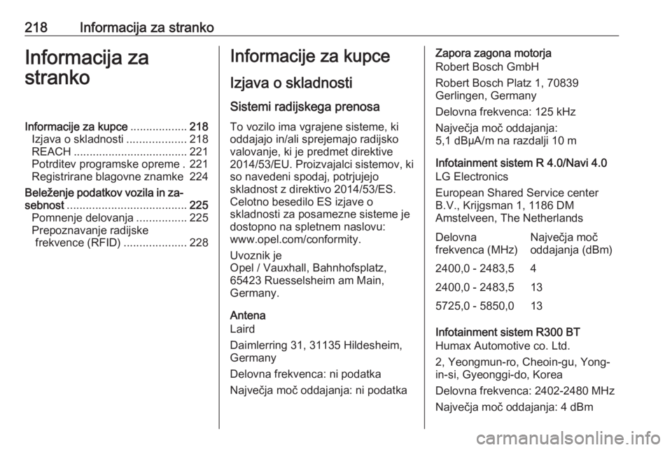 OPEL CORSA E 2019  Uporabniški priročnik 218Informacija za strankoInformacija za
strankoInformacije za kupce ..................218
Izjava o skladnosti ...................218
REACH .................................... 221
Potrditev programske