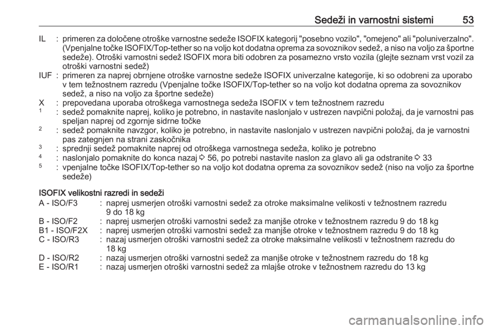 OPEL CORSA E 2019  Uporabniški priročnik Sedeži in varnostni sistemi53IL:primeren za določene otroške varnostne sedeže ISOFIX kategorij "posebno vozilo", "omejeno" ali "poluniverzalno".
(Vpenjalne točke  ISOFIX/T