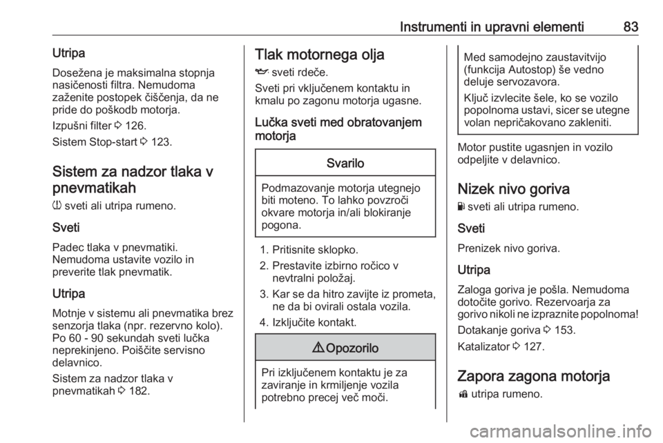OPEL CORSA E 2019  Uporabniški priročnik Instrumenti in upravni elementi83UtripaDosežena je maksimalna stopnja
nasičenosti filtra. Nemudoma
zaženite postopek čiščenja, da ne
pride do poškodb motorja.
Izpušni filter  3 126.
Sistem Sto