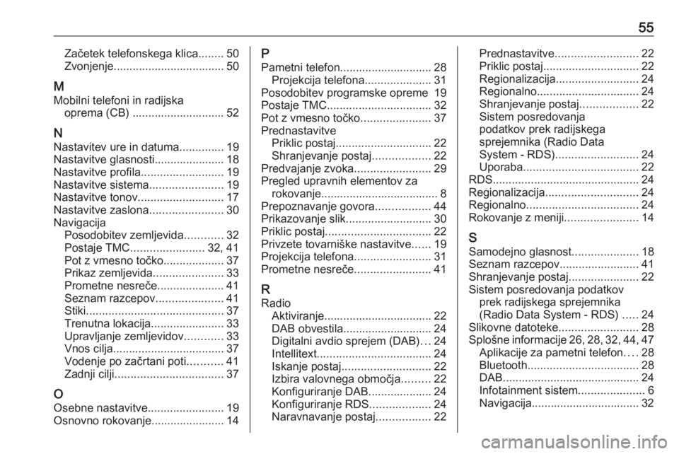 OPEL CROSSLAND X 2018  Navodila za uporabo Infotainment sistema 55Začetek telefonskega klica........50
Zvonjenje................................... 50
M Mobilni telefoni in radijska oprema (CB) ............................. 52
N
Nastavitev ure in datuma .........