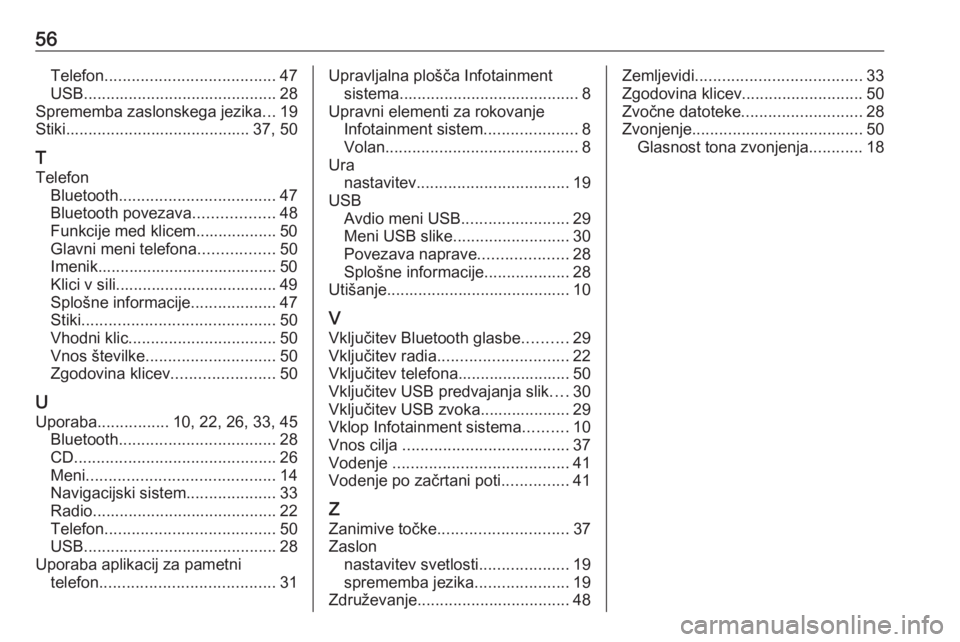 OPEL CROSSLAND X 2018  Navodila za uporabo Infotainment sistema 56Telefon...................................... 47
USB ........................................... 28
Sprememba zaslonskega jezika ...19
Stiki ......................................... 37, 50
T
Telefo