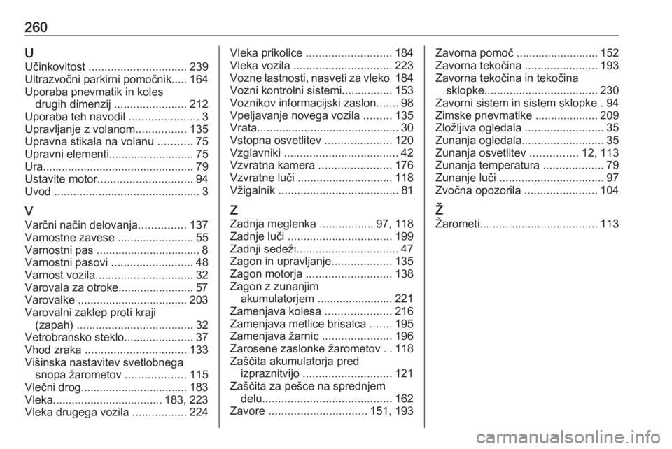 OPEL CROSSLAND X 2018  Uporabniški priročnik 260UUčinkovitost  ............................... 239
Ultrazvočni parkirni pomočnik..... 164
Uporaba pnevmatik in koles drugih dimenzij  .......................212
Uporaba teh navodil  ............