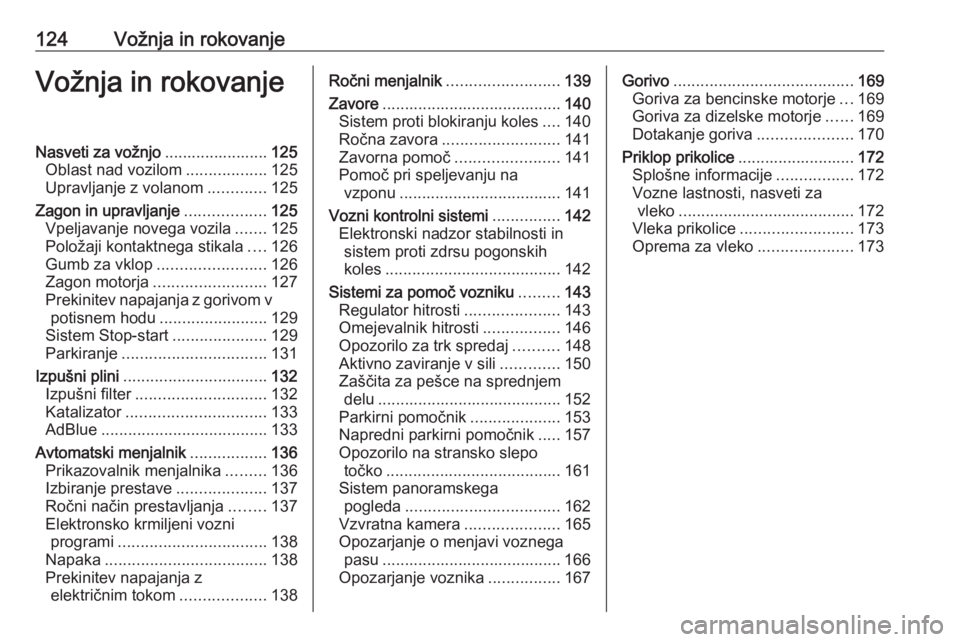 OPEL CROSSLAND X 2020  Uporabniški priročnik 124Vožnja in rokovanjeVožnja in rokovanjeNasveti za vožnjo.......................125
Oblast nad vozilom ..................125
Upravljanje z volanom .............125
Zagon in upravljanje ...........