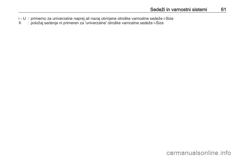 OPEL CROSSLAND X 2020 Uporabniški priročnik Sedeži in varnostni sistemi61i - U:primerno za univerzalne naprej ali nazaj obrnjene otroške varnostne sedeže i-SizeX:položaj sedenja ni primeren za 'univerzalne' otroške varnostne sedež OPEL CROSSLAND X 2020 Uporabniški priročnik Sedeži in varnostni sistemi61i - U:primerno za univerzalne naprej ali nazaj obrnjene otroške varnostne sedeže i-SizeX:položaj sedenja ni primeren za 'univerzalne' otroške varnostne sedež