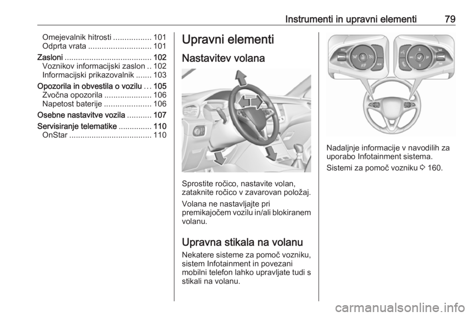 OPEL GRANDLAND X 2018.5  Uporabniški priročnik Instrumenti in upravni elementi79Omejevalnik hitrosti.................101
Odprta vrata ............................ 101
Zasloni ....................................... 102
Voznikov informacijski zaslo