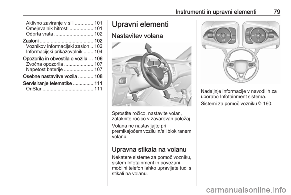 OPEL GRANDLAND X 2018.75  Uporabniški priročnik Instrumenti in upravni elementi79Aktivno zaviranje v sili.............101
Omejevalnik hitrosti .................101
Odprta vrata ............................ 102
Zasloni ..............................