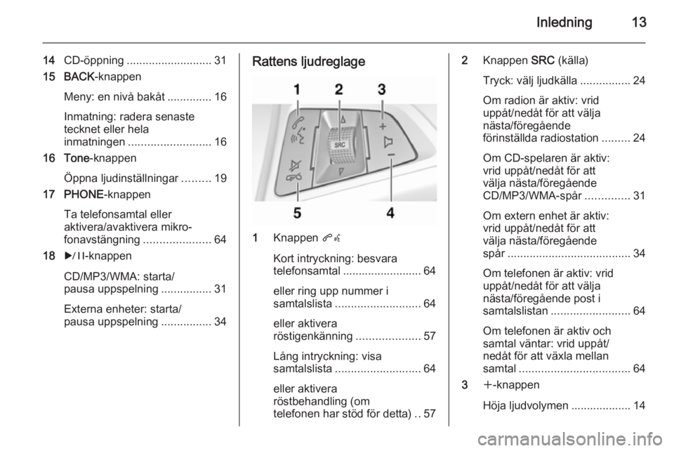 OPEL MERIVA 2014.5  Handbok för infotainmentsystem Inledning13
14CD-öppning ........................... 31
15 BACK -knappen
Meny: en nivå bakåt ..............16
Inmatning: radera senaste
tecknet eller hela
inmatningen .......................... 16
